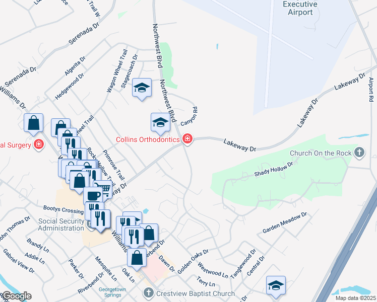 map of restaurants, bars, coffee shops, grocery stores, and more near 710 Lakeway Drive in Georgetown