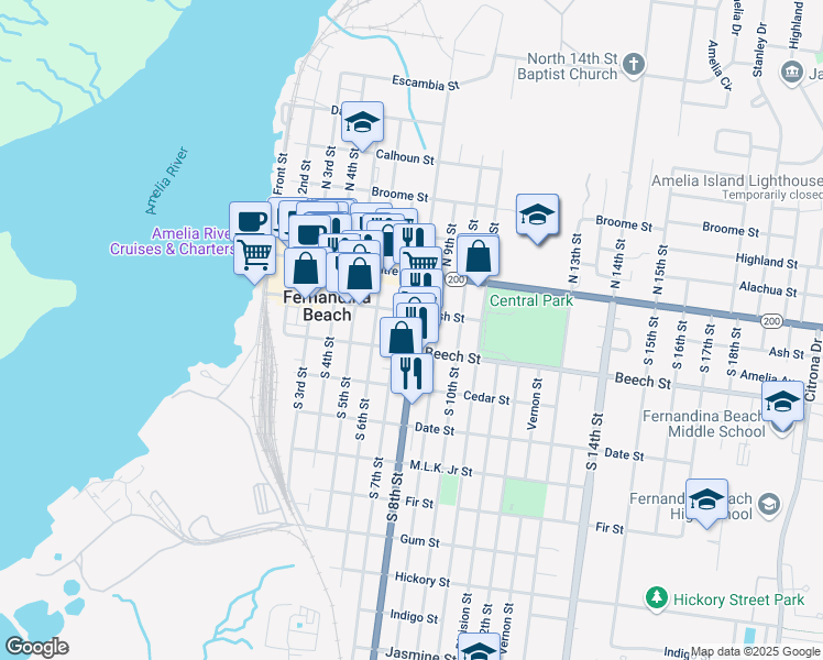 map of restaurants, bars, coffee shops, grocery stores, and more near 802 Ash Street in Fernandina Beach