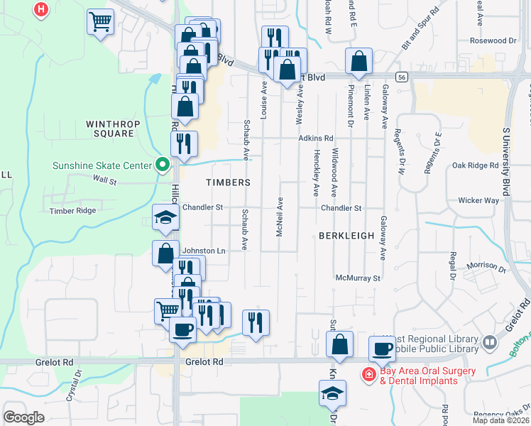 map of restaurants, bars, coffee shops, grocery stores, and more near 1003 Louise Avenue in Mobile
