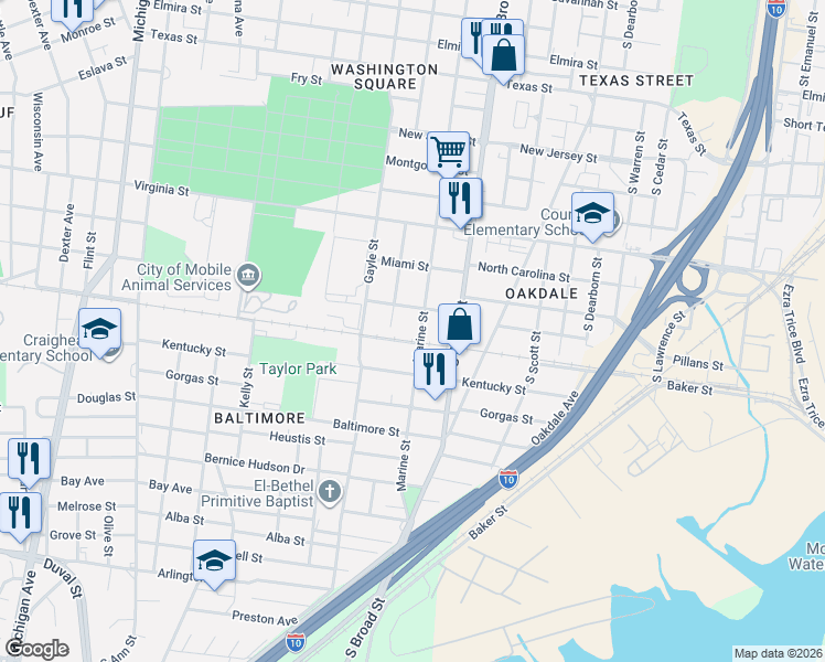 map of restaurants, bars, coffee shops, grocery stores, and more near 859 Charles Street in Mobile