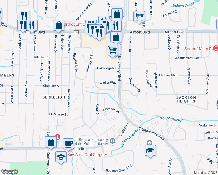 map of restaurants, bars, coffee shops, grocery stores, and more near 400-434 Firestone Drive East in Mobile