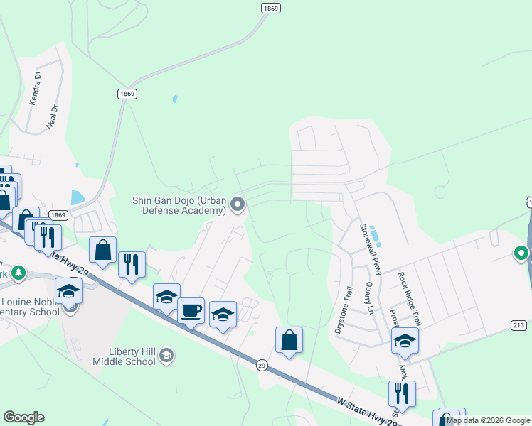 map of restaurants, bars, coffee shops, grocery stores, and more near 200 Copperwind Drive in Liberty Hill