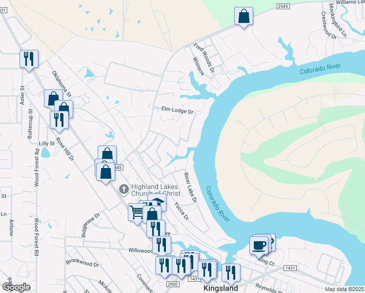 map of restaurants, bars, coffee shops, grocery stores, and more near 207 Elm Lodge Drive in Kingsland