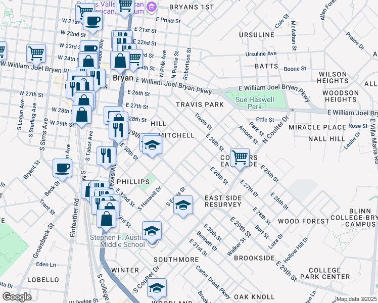 map of restaurants, bars, coffee shops, grocery stores, and more near 300 South Haswell Drive in Bryan