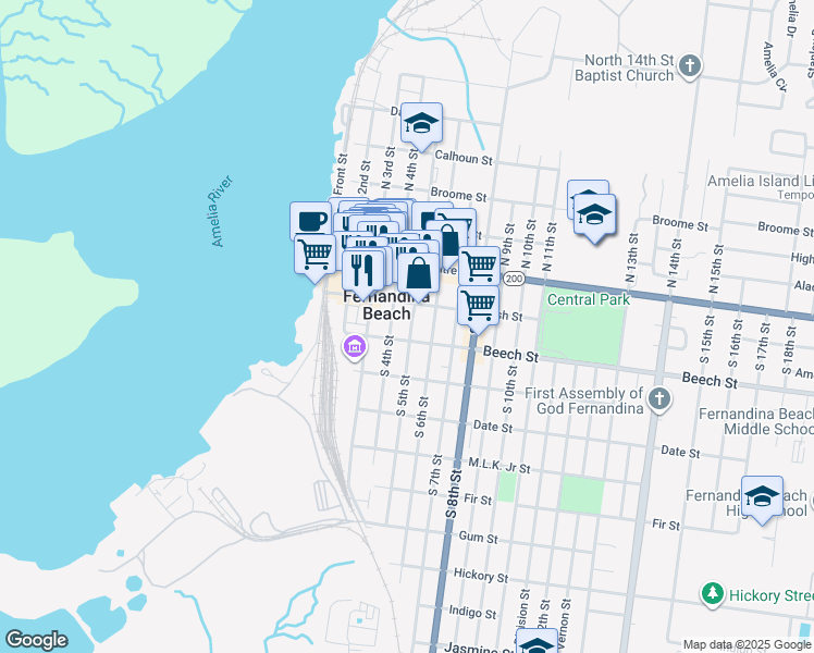 map of restaurants, bars, coffee shops, grocery stores, and more near 121 South 5th Street in Fernandina Beach
