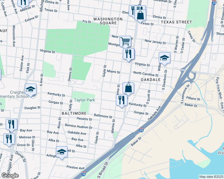 map of restaurants, bars, coffee shops, grocery stores, and more near 859 Charles St in Mobile