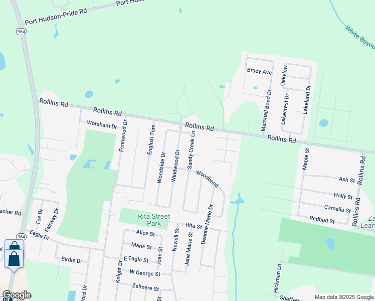 map of restaurants, bars, coffee shops, grocery stores, and more near 6587 Sandy Creek Lane in Zachary