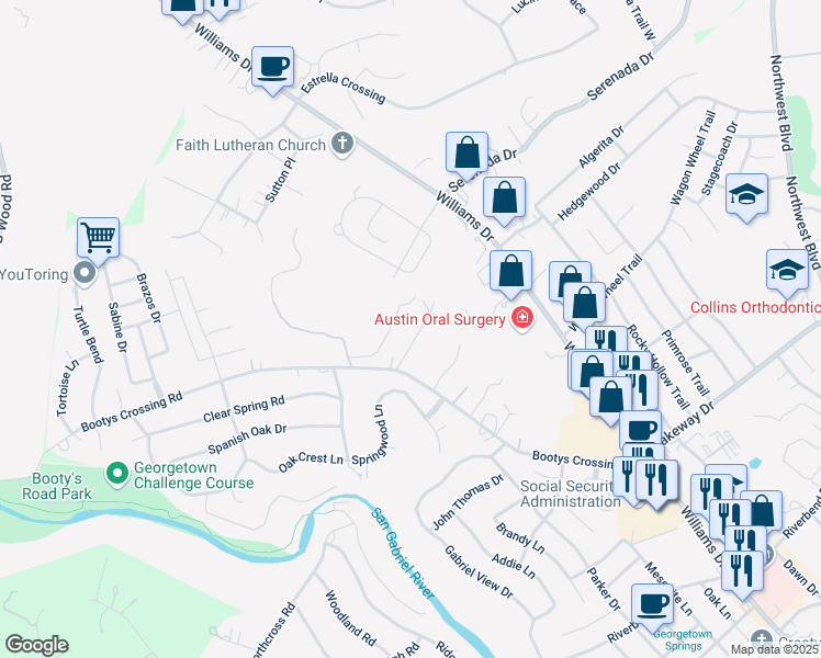 map of restaurants, bars, coffee shops, grocery stores, and more near 110 Oak Ridge Circle in Georgetown