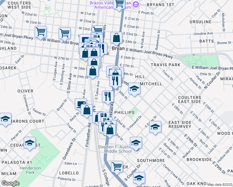 map of restaurants, bars, coffee shops, grocery stores, and more near 507 Texas 6 Business in Bryan