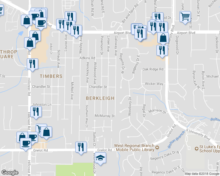 map of restaurants, bars, coffee shops, grocery stores, and more near 1001 Linlen Avenue in Mobile