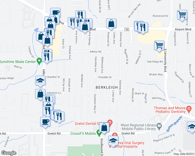map of restaurants, bars, coffee shops, grocery stores, and more near 1001 Henckley Avenue in Mobile