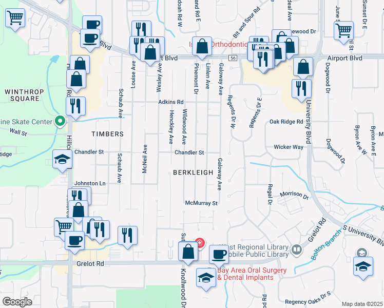 map of restaurants, bars, coffee shops, grocery stores, and more near 1000 Pinemont Drive in Mobile