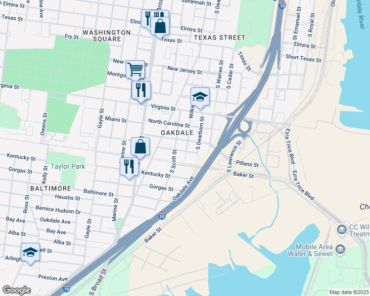 map of restaurants, bars, coffee shops, grocery stores, and more near 700 Pillans Street in Mobile
