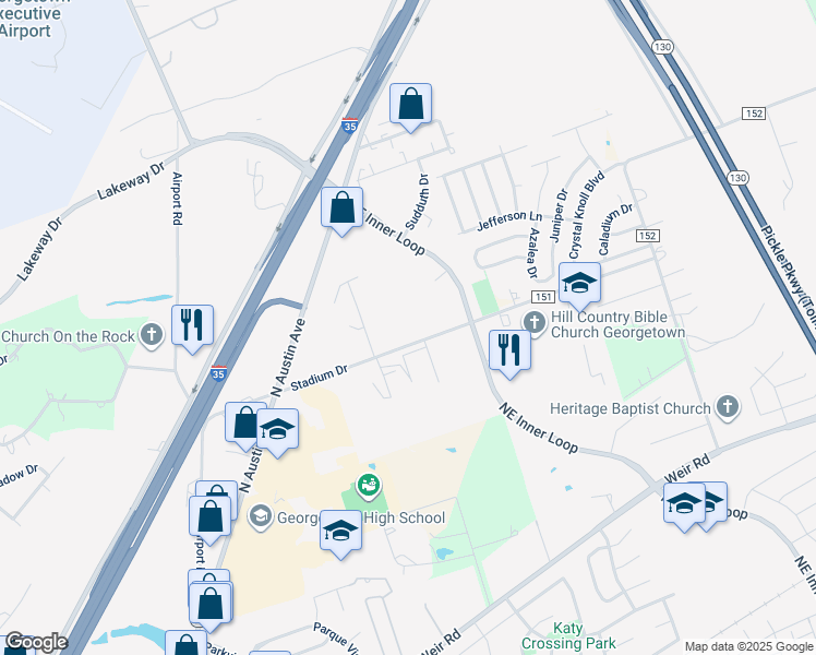 map of restaurants, bars, coffee shops, grocery stores, and more near 301 Stadium Drive in Georgetown