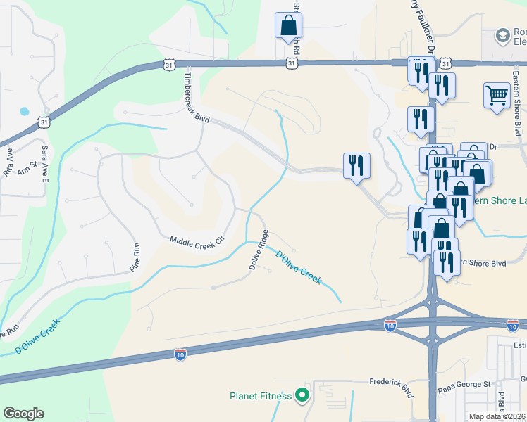 map of restaurants, bars, coffee shops, grocery stores, and more near 30432 Dolive Ridge in Spanish Fort