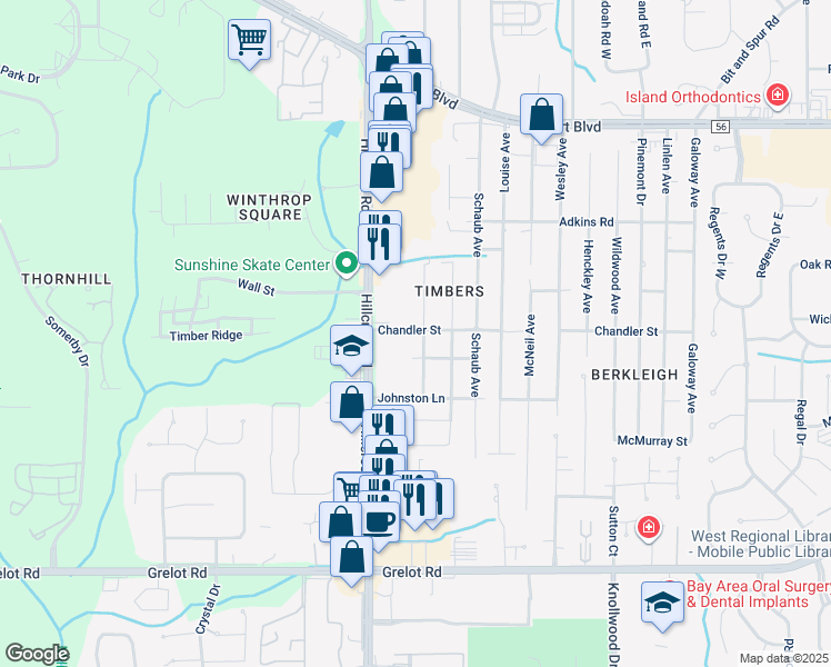 map of restaurants, bars, coffee shops, grocery stores, and more near 1000 Dickenson Avenue in Mobile