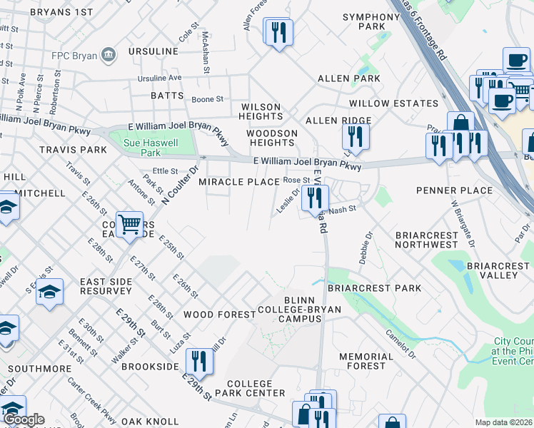 map of restaurants, bars, coffee shops, grocery stores, and more near 412 Emmett Street in Bryan