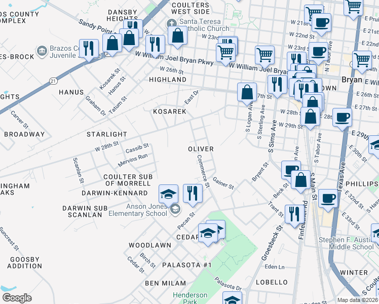 map of restaurants, bars, coffee shops, grocery stores, and more near 738 Commerce Street in Bryan