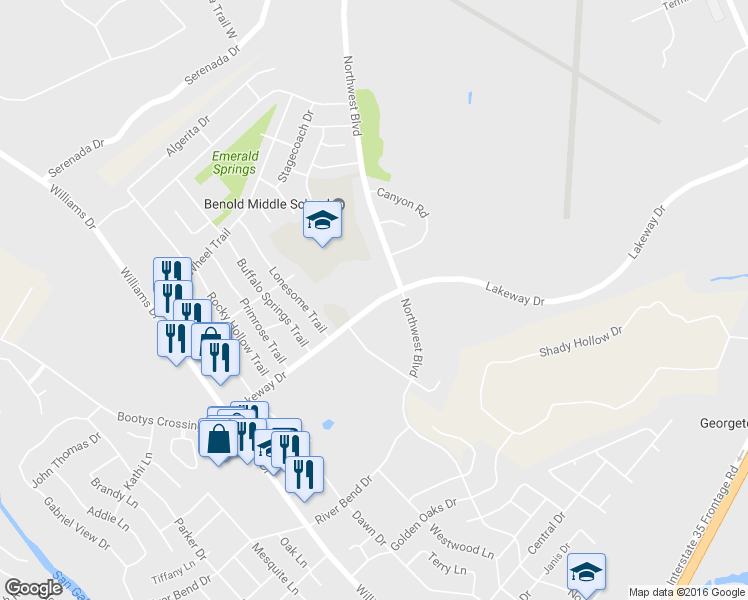 map of restaurants, bars, coffee shops, grocery stores, and more near 711 Lakeway Drive in Georgetown