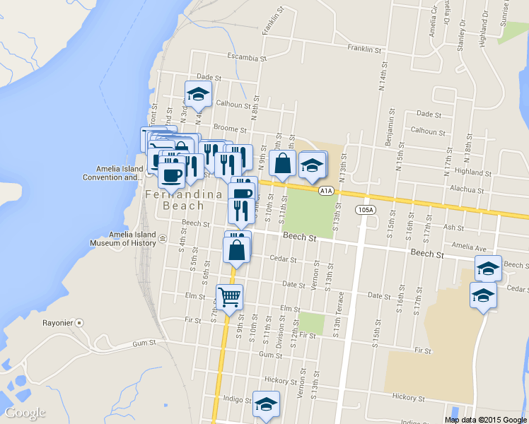map of restaurants, bars, coffee shops, grocery stores, and more near 103 South 10th Street in Fernandina Beach