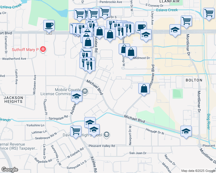 map of restaurants, bars, coffee shops, grocery stores, and more near 3768 Michael Boulevard Srv Road in Mobile