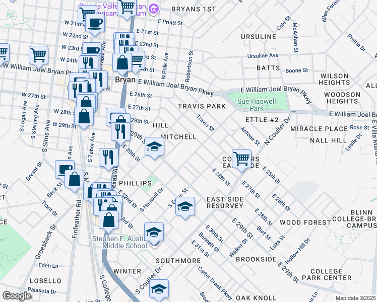 map of restaurants, bars, coffee shops, grocery stores, and more near 300 South Haswell Drive in Bryan