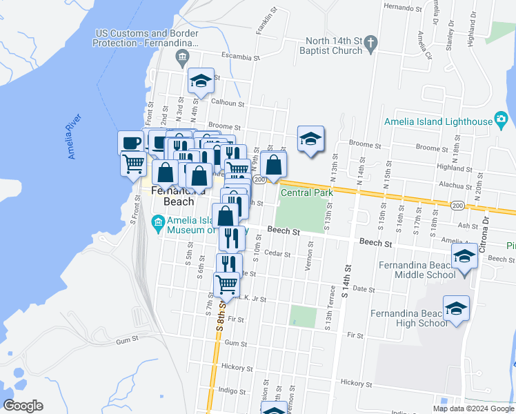 map of restaurants, bars, coffee shops, grocery stores, and more near 103 South 10th Street in Fernandina Beach