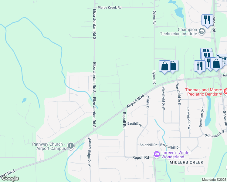 map of restaurants, bars, coffee shops, grocery stores, and more near 10350 Airport Boulevard in Mobile