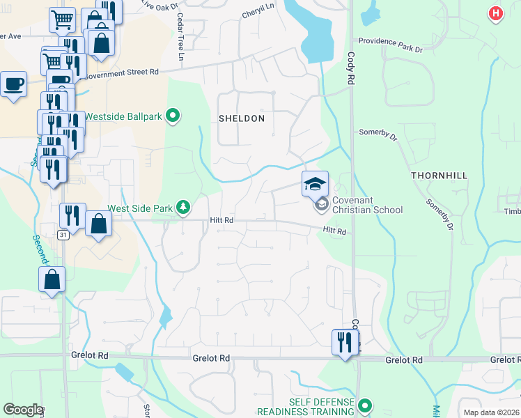 map of restaurants, bars, coffee shops, grocery stores, and more near 1023 Cedar Creek Circle in Mobile