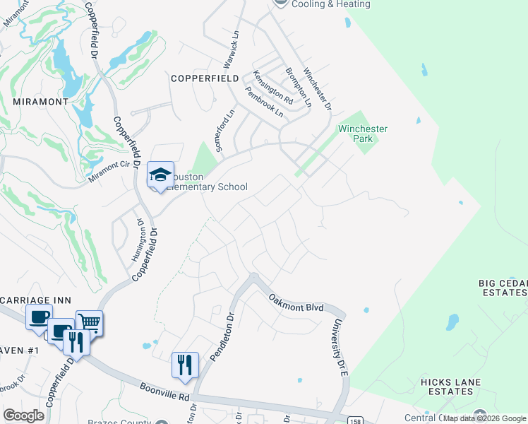map of restaurants, bars, coffee shops, grocery stores, and more near 5402 Bloomsbury Way in Bryan