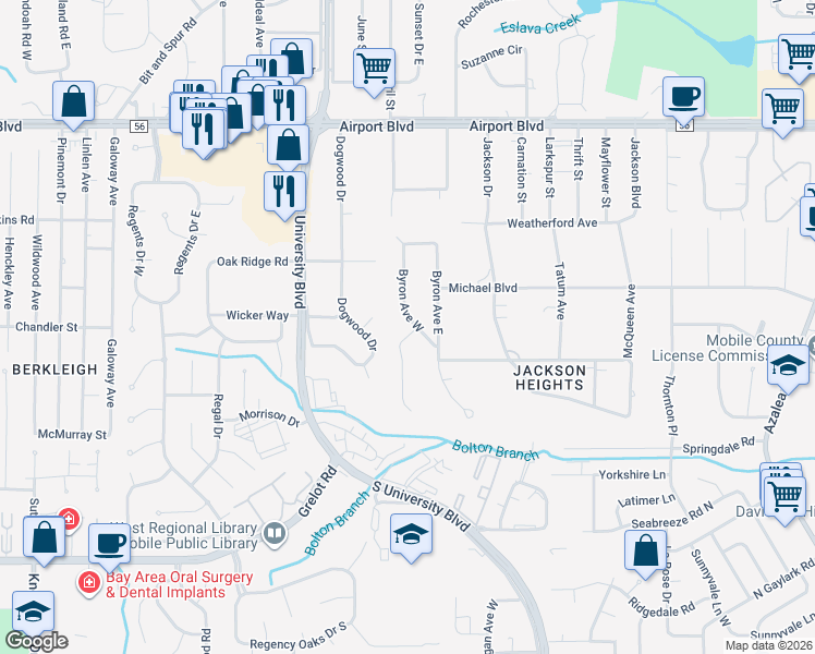 map of restaurants, bars, coffee shops, grocery stores, and more near 434 Ridgecrest Court in Mobile