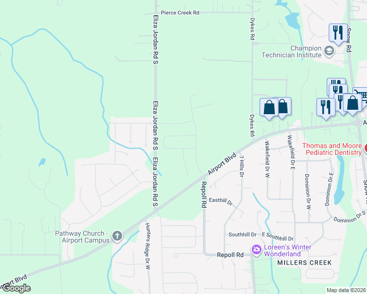 map of restaurants, bars, coffee shops, grocery stores, and more near 10350 Airport Boulevard in Mobile
