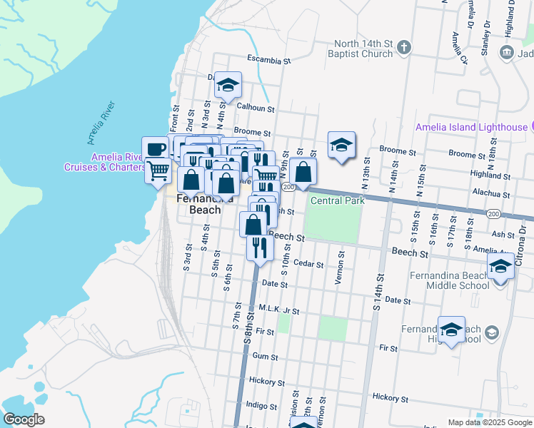 map of restaurants, bars, coffee shops, grocery stores, and more near 802 Ash Street in Fernandina Beach