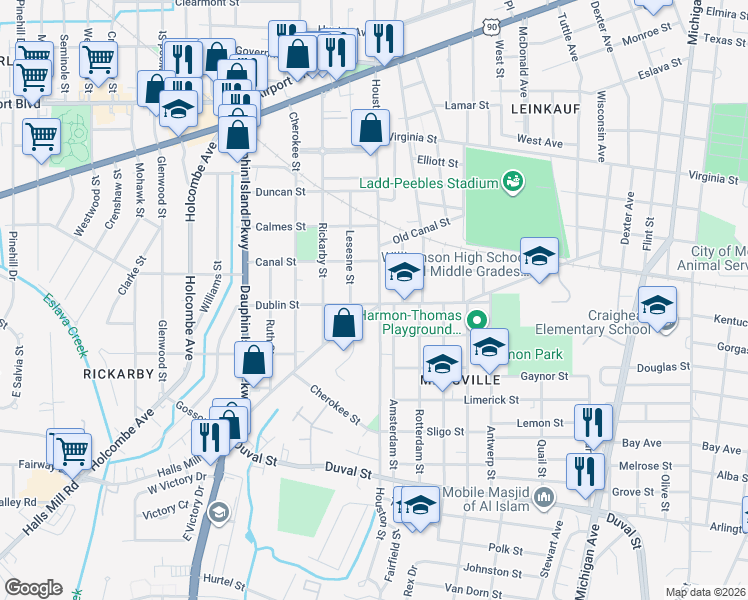 map of restaurants, bars, coffee shops, grocery stores, and more near 1800 Dublin Street in Mobile