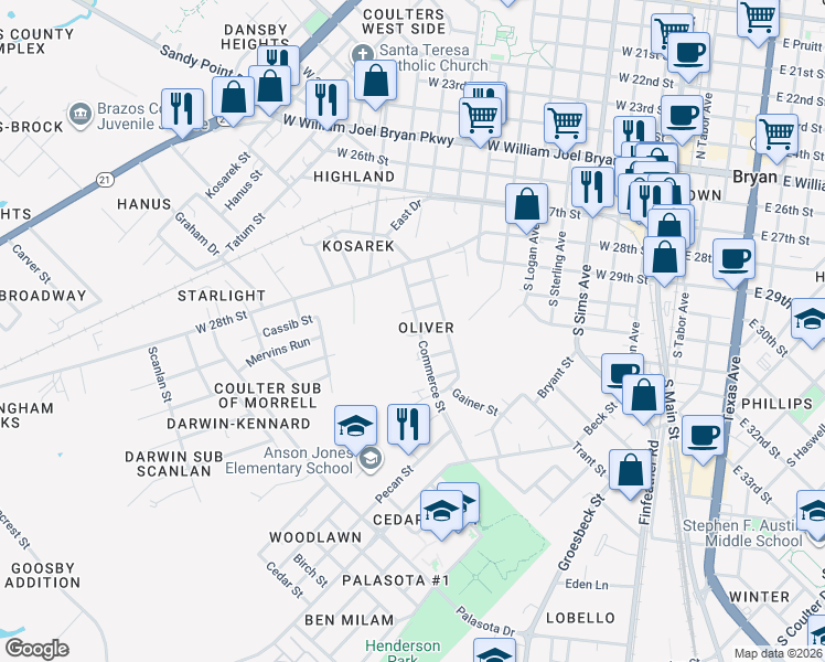 map of restaurants, bars, coffee shops, grocery stores, and more near 738 Commerce Street in Bryan
