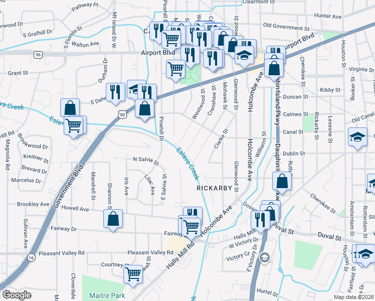 map of restaurants, bars, coffee shops, grocery stores, and more near 698 Crenshaw Street in Mobile