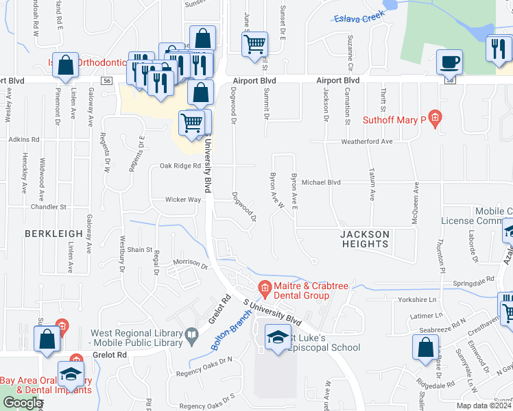 map of restaurants, bars, coffee shops, grocery stores, and more near 413 Flame Court in Mobile