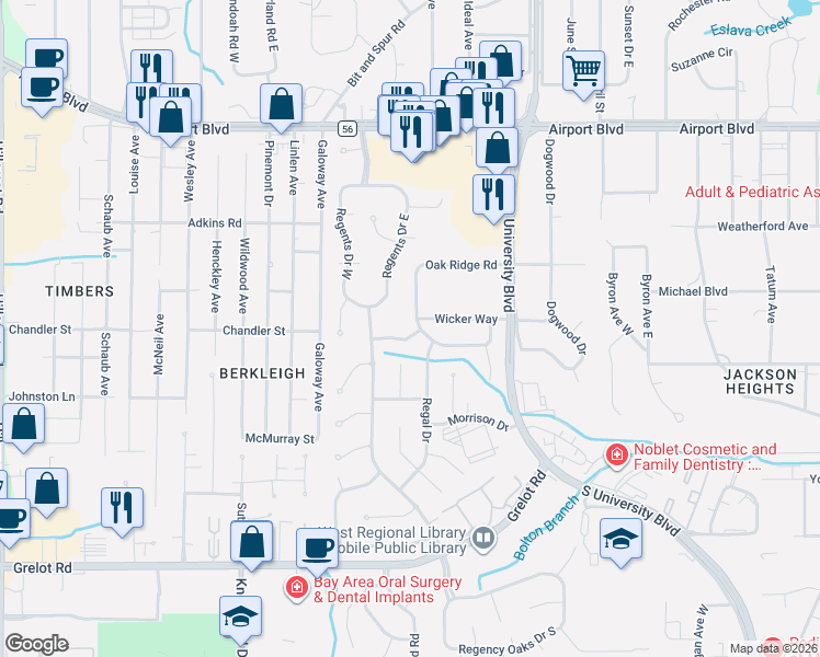 map of restaurants, bars, coffee shops, grocery stores, and more near 932 Oak Ridge Road West in Mobile