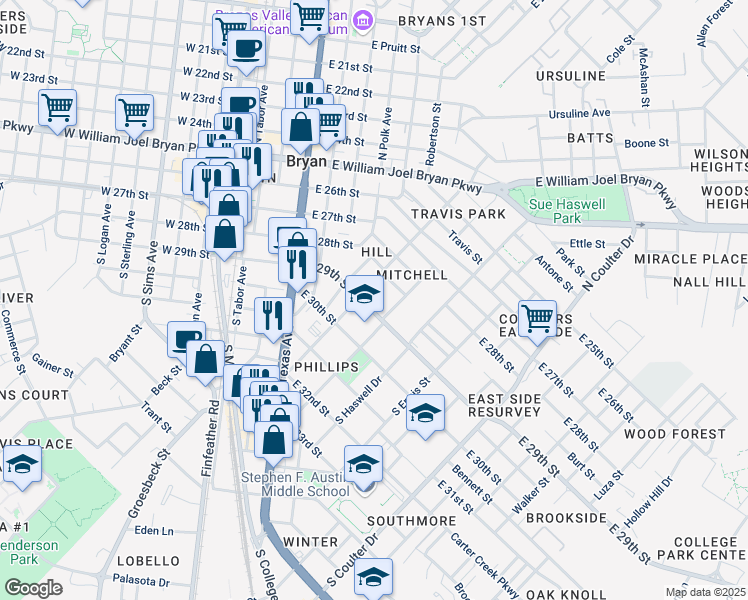 map of restaurants, bars, coffee shops, grocery stores, and more near 704 East 29th Street in Bryan