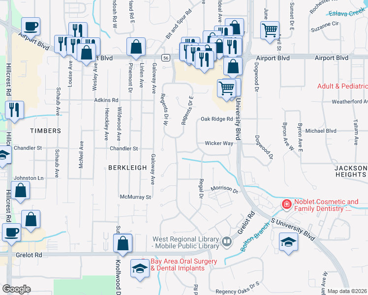 map of restaurants, bars, coffee shops, grocery stores, and more near 955 Westbury Drive in Mobile