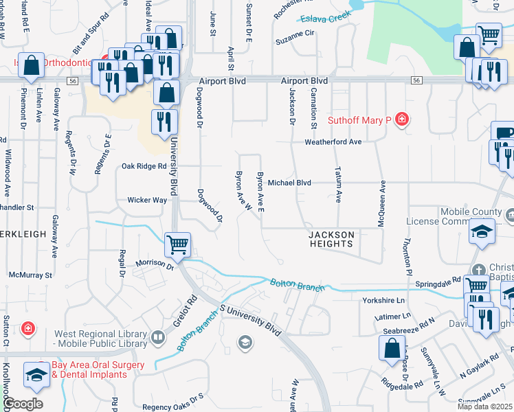 map of restaurants, bars, coffee shops, grocery stores, and more near 370 Byron Avenue East in Mobile