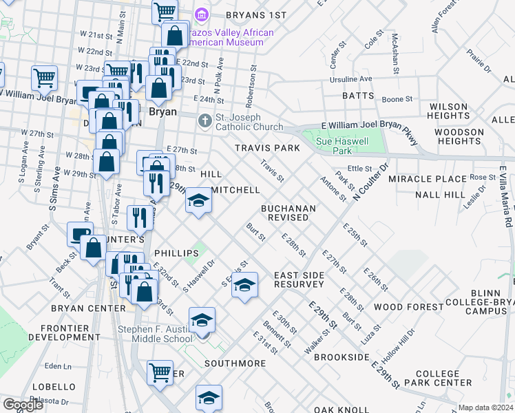 map of restaurants, bars, coffee shops, grocery stores, and more near 206 South Haswell Drive in Bryan