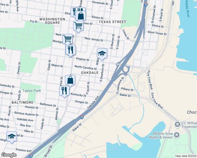 map of restaurants, bars, coffee shops, grocery stores, and more near 700 Pillans Street in Mobile