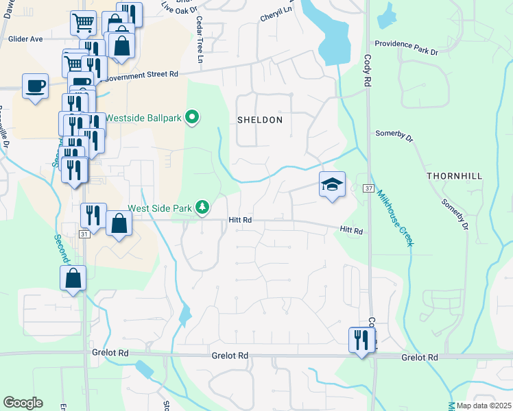 map of restaurants, bars, coffee shops, grocery stores, and more near 7350 Essex Drive in Mobile