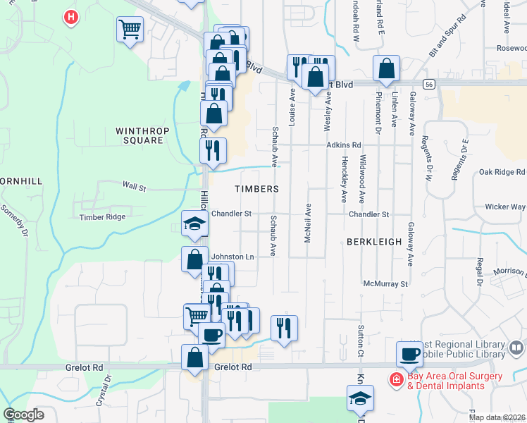 map of restaurants, bars, coffee shops, grocery stores, and more near 1000 Schaub Avenue in Mobile