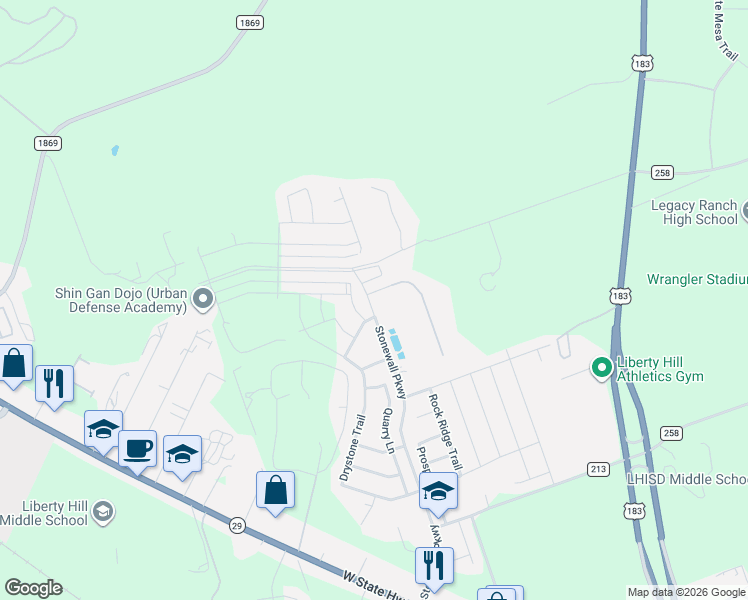 map of restaurants, bars, coffee shops, grocery stores, and more near 112 Milestone Road in Liberty Hill
