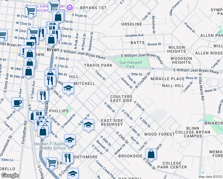map of restaurants, bars, coffee shops, grocery stores, and more near 1114 East 26th Street in Bryan