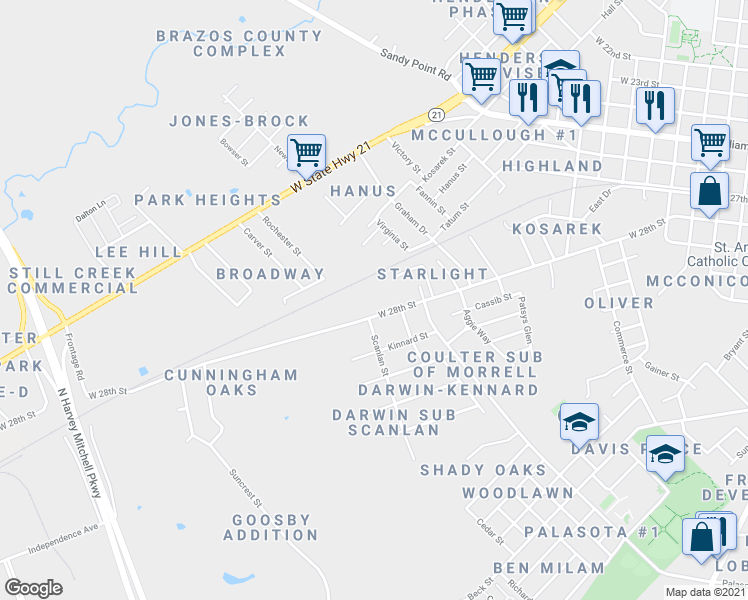map of restaurants, bars, coffee shops, grocery stores, and more near 1850 West 28th Street in Bryan