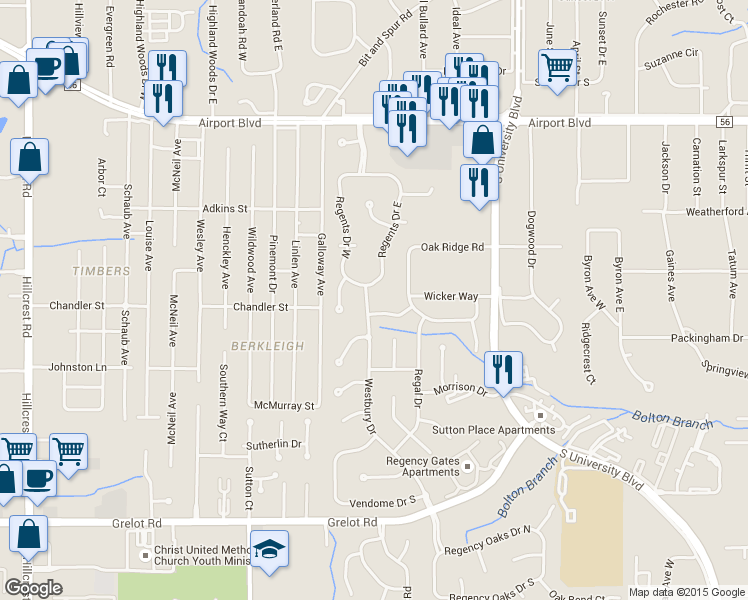 map of restaurants, bars, coffee shops, grocery stores, and more near 955 Westbury Drive in Mobile