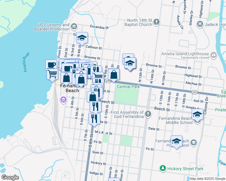 map of restaurants, bars, coffee shops, grocery stores, and more near 103 South 10th Street in Fernandina Beach